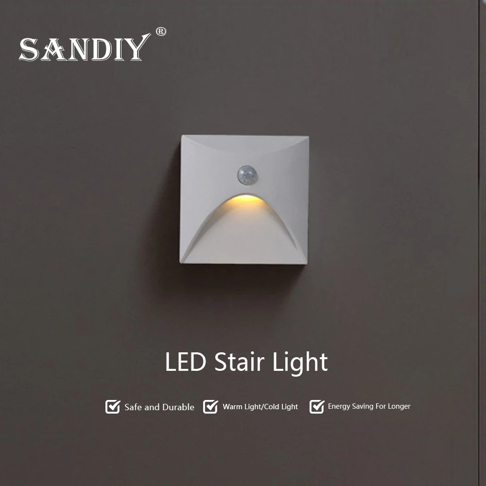 Stair Light White Wall Sconce Lamp Motion Sensor Step Lighting Fixture Round Square Nightlights Indoor&Outdoor