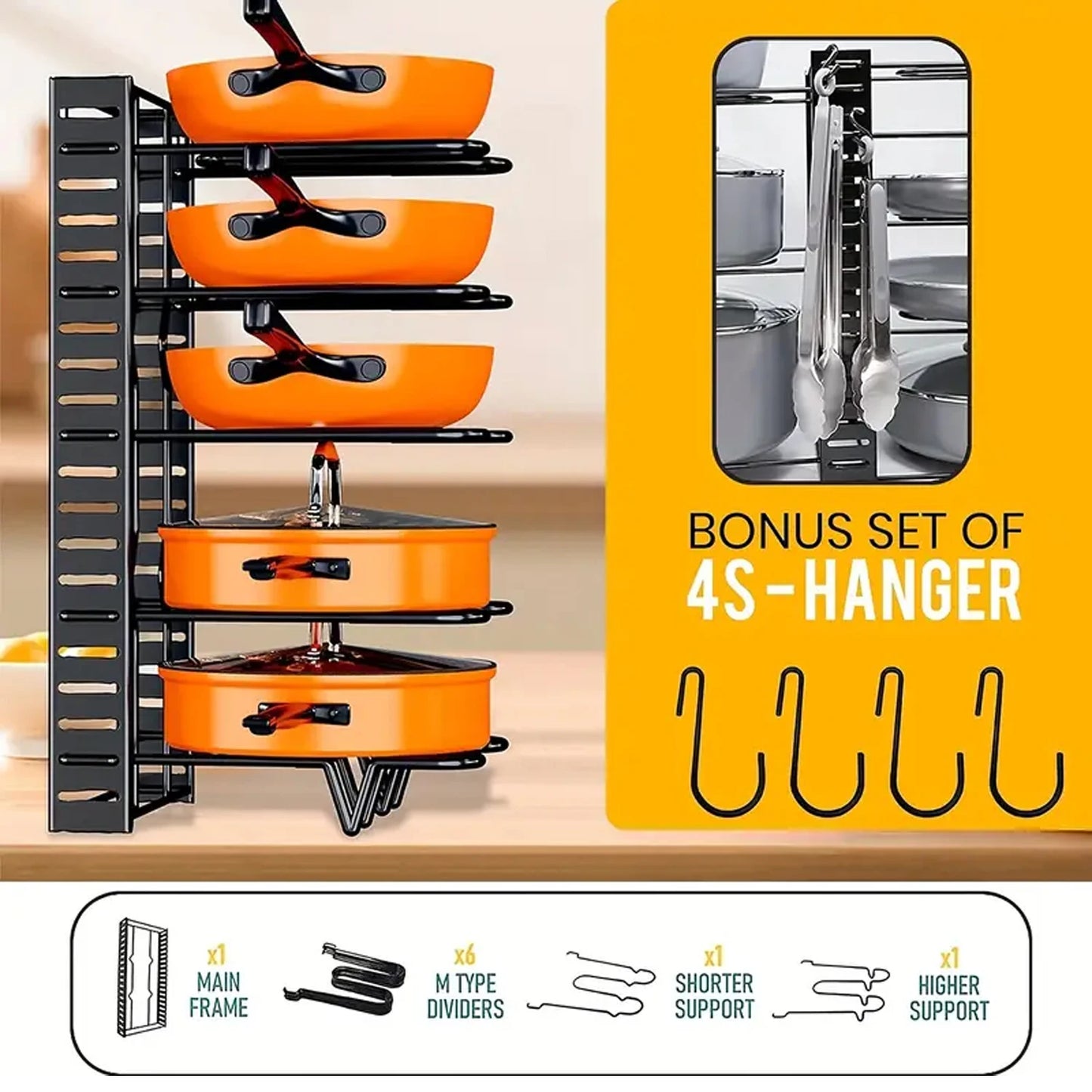 8-Tier Duty Pot Rack Organizer Durable Metal
