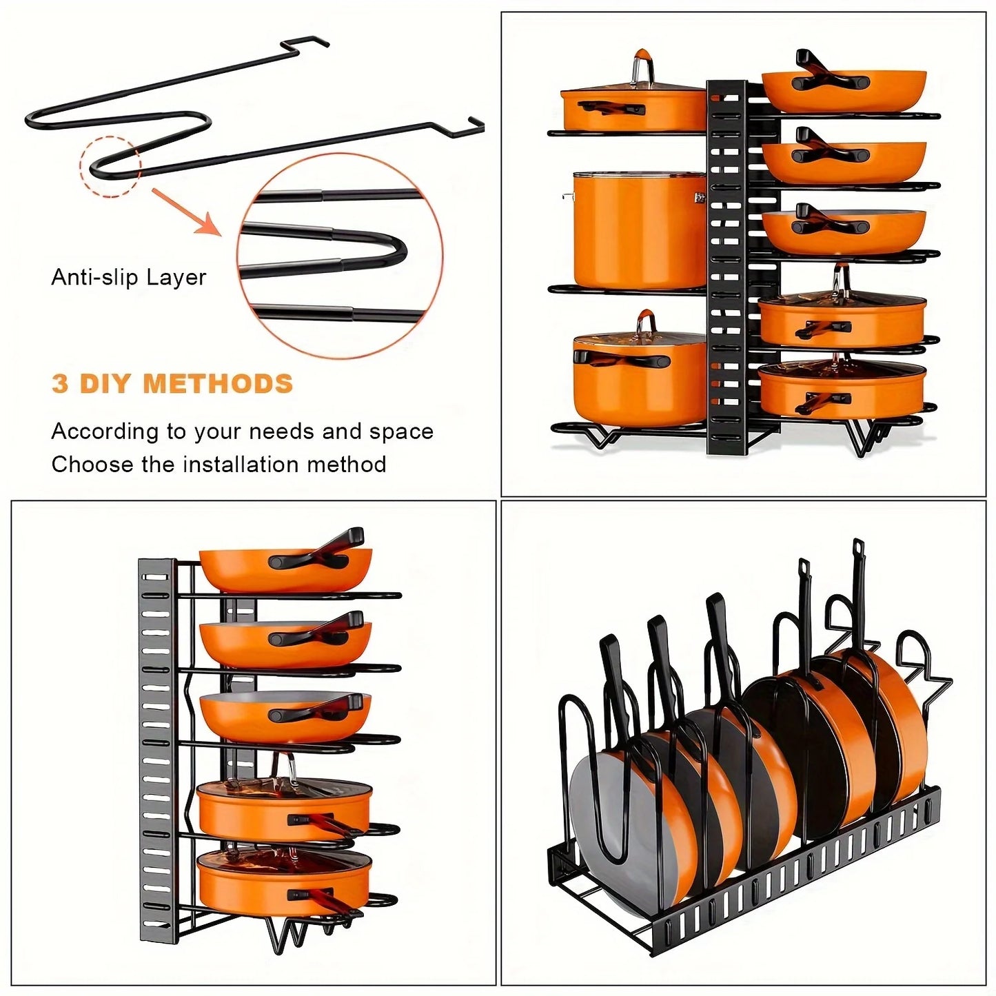 8-Tier Duty Pot Rack Organizer Durable Metal