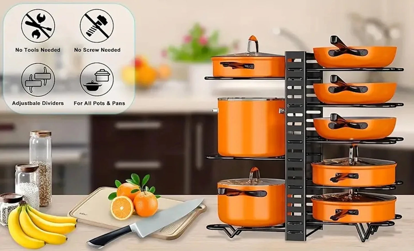 8-Tier Duty Pot Rack Organizer Durable Metal