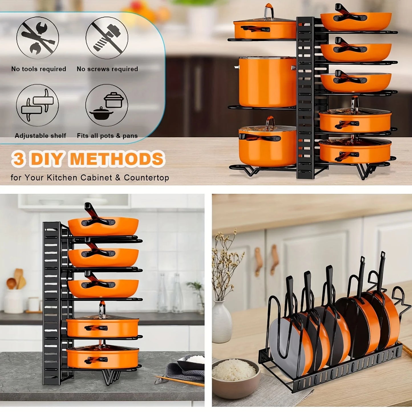 8-Tier Duty Pot Rack Organizer Durable Metal