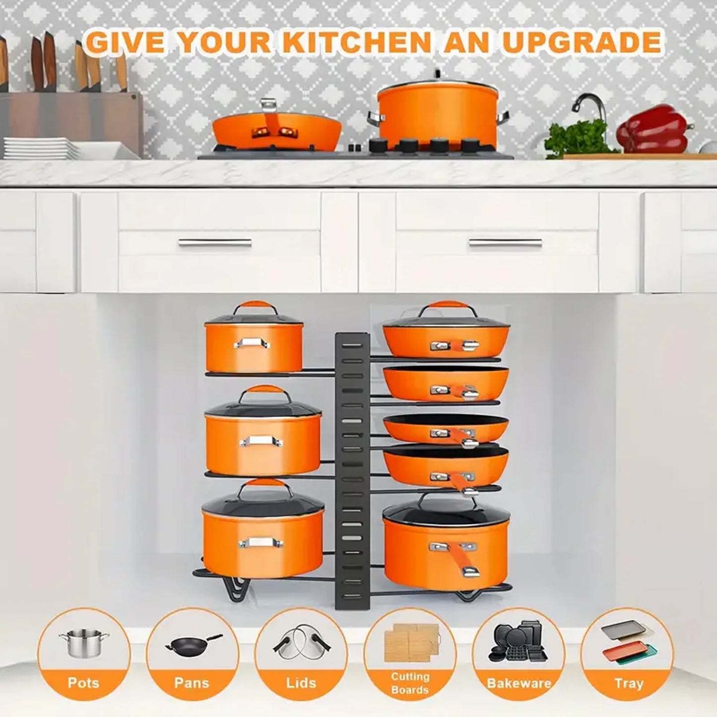 8-Tier Duty Pot Rack Organizer Durable Metal