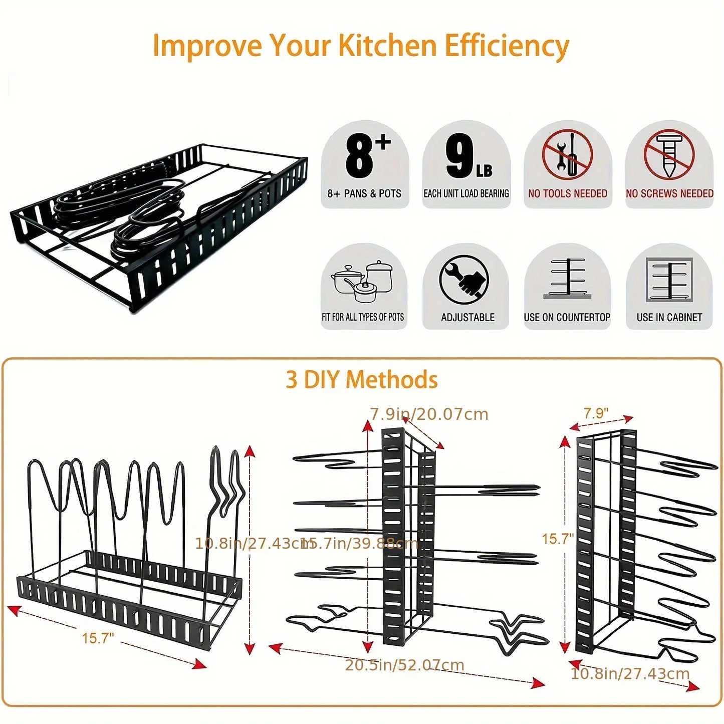 8-Tier Duty Pot Rack Organizer Durable Metal